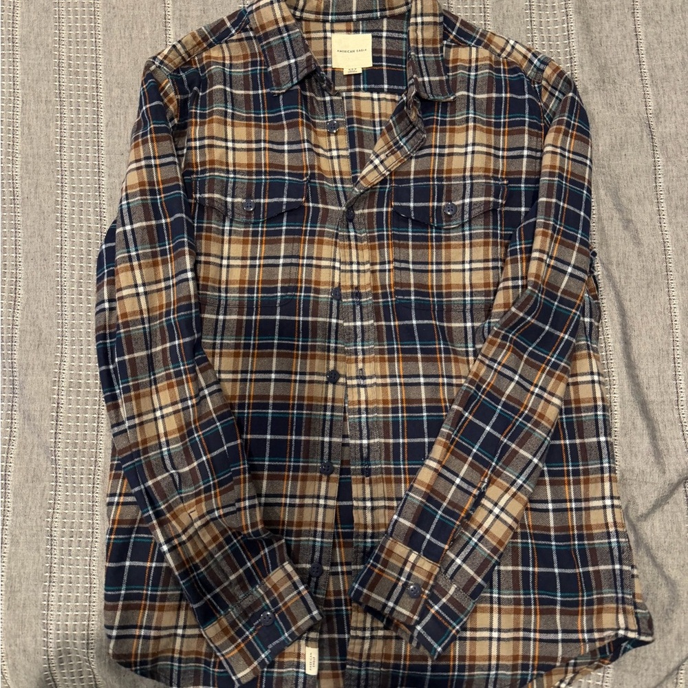American Eagle Outfitters Blue and Brown Plaid Shirt